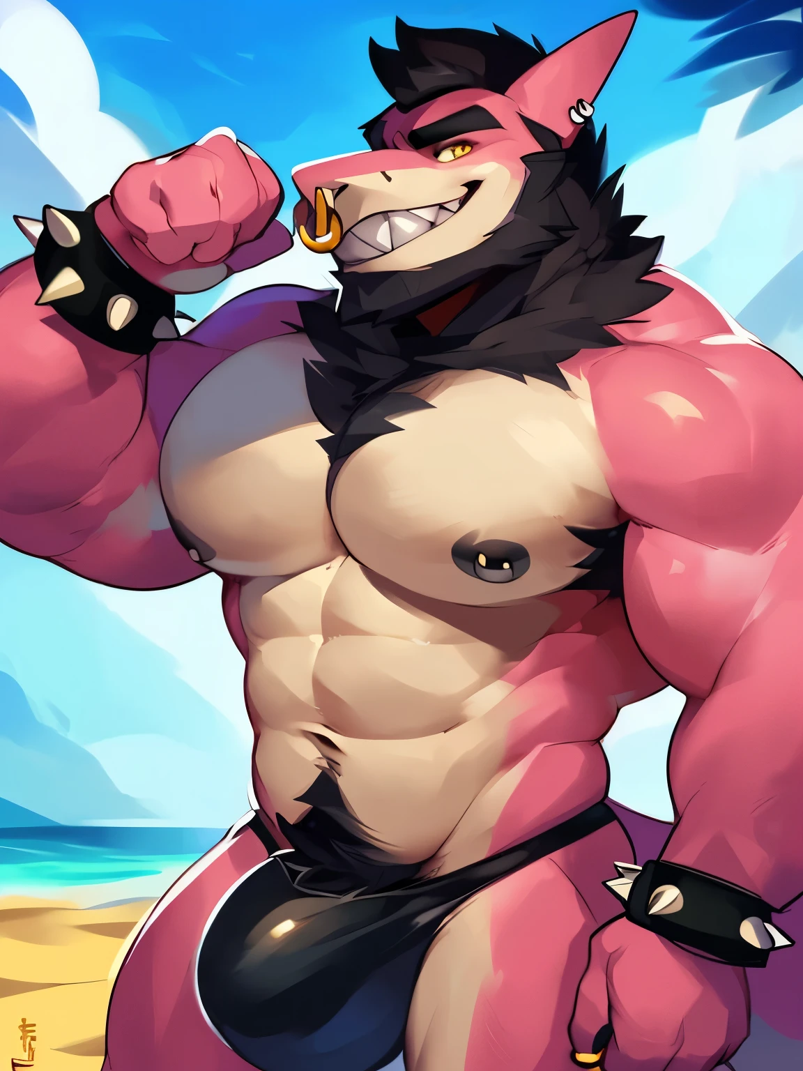 Solo, male (((shark, yellow eyes, muscular, broad shoulders, pink body, black beard, huge pecs, abs, tail, fin, non-mammal navel, nose piercing, ring piercing, sharp teeth, teeth, pubes, smirking, spiked wrist bands, black thong, huge bulge))) standing, beach, flexing, by darkgem, by mystikfox61, by glitter trap boy