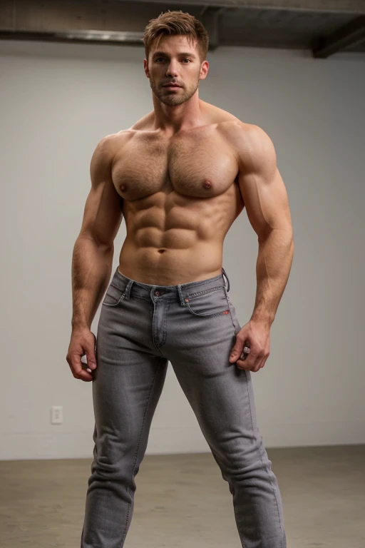 muscular man, stubble, scruffy, broad shoulders, face detailed, wearing red commandforce, full body, muscular body, big butt, gray jeans