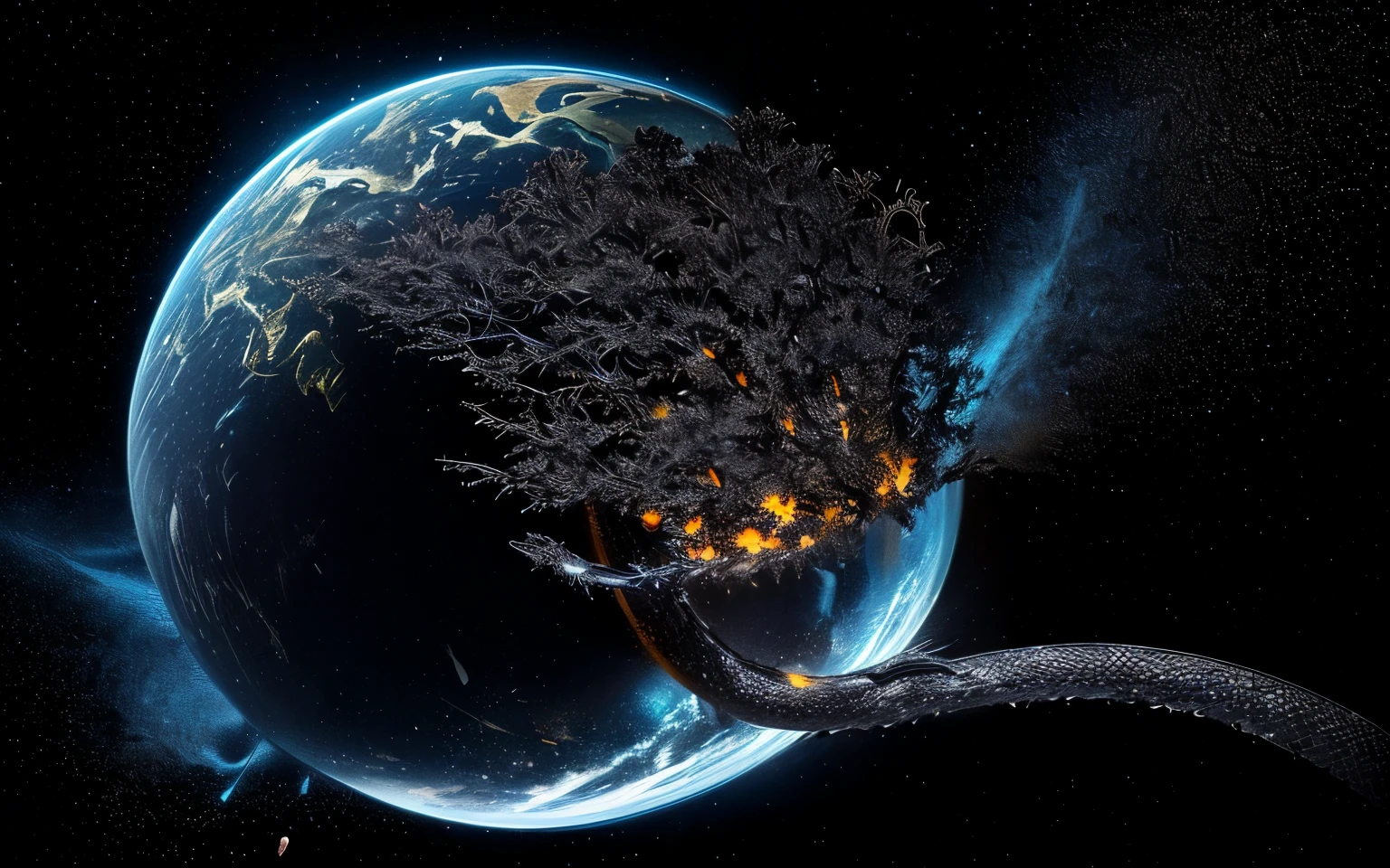 A distant photograph of a giant black dragon monster flying over a curved, sun-colored sphere.。A snake on a map with coordinate lines, Space fungus simulation, Microscope image, Micrograph, Sculpture, A scientific depiction, Microscope View, Alien Deposition Schematic, 空からmeteoriteが落ちてくる, Detailed scientific illustrations, An illustration of, An illustration, protozoa, meteorite