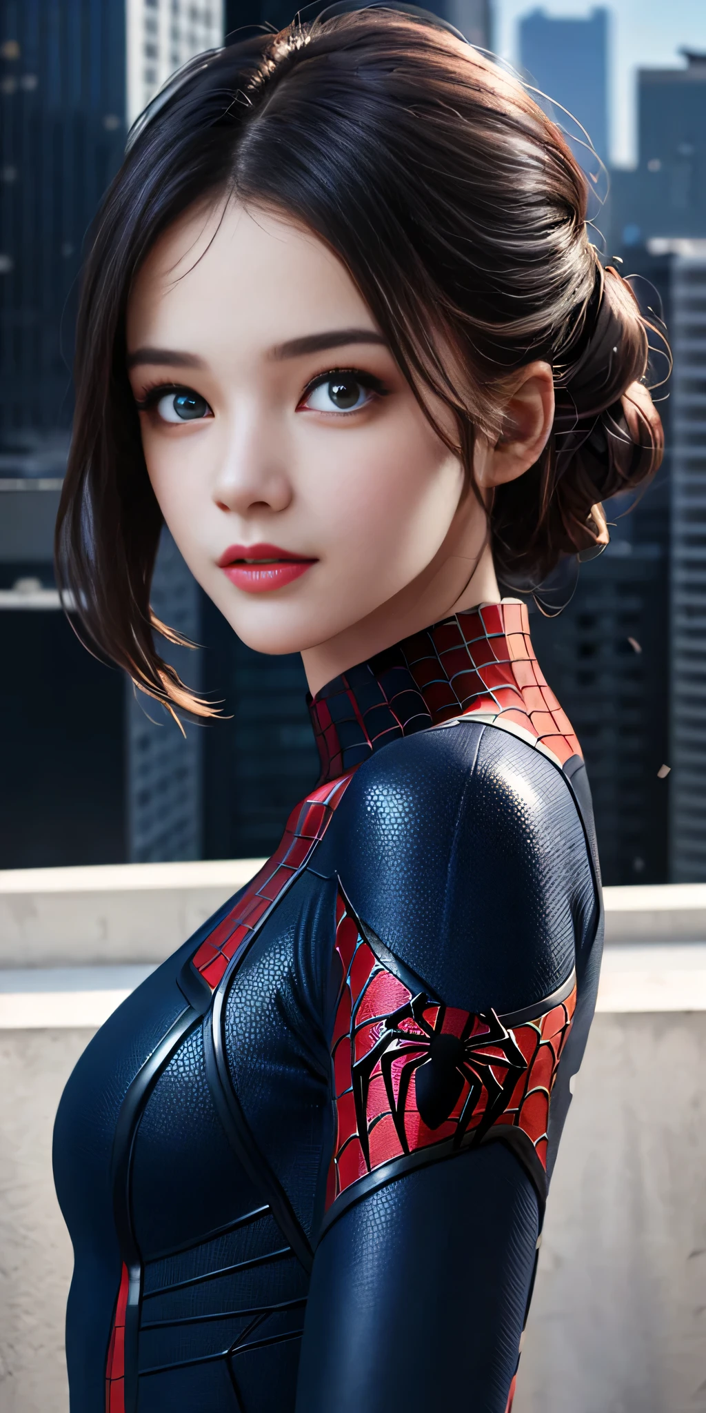 (1girl:1.3), Solo, (((Very detailed face)))), ((Very detailed eyes and face)))), Beautiful detail eyes, Body parts__, Official art, Unified 8k wallpaper, Super detailed, beautiful and beautiful, beautiful, masterpiece, best quality, original, masterpiece, super fine photo, best quality, super high resolution, realistic realism, sunlight, full body portrait, amazing beauty, dynamic pose, delicate face, vibrant eyes, (from the front), She wears Spider-Man suit, red and black color scheme, spider, very detailed city roof background, rooftop, overlooking the city, detailed face, detailed complex busy background, messy, gorgeous, milky white, highly detailed skin, realistic skin details, visible pores, clear focus, volumetric fog, 8k uhd, DSLR, high quality, film grain, fair skin, photo realism, lomography, futuristic dystopian megalopolis, translucent