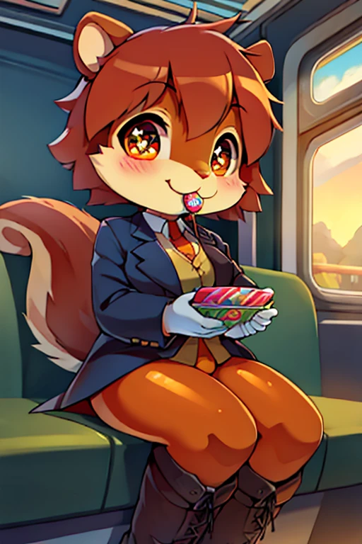 boy, squirrel, furry, bodyfur, blazer, bottomless, color tights, gloves, boots, chibi, happy, sparkling eyes, train, eating pizza, sitting