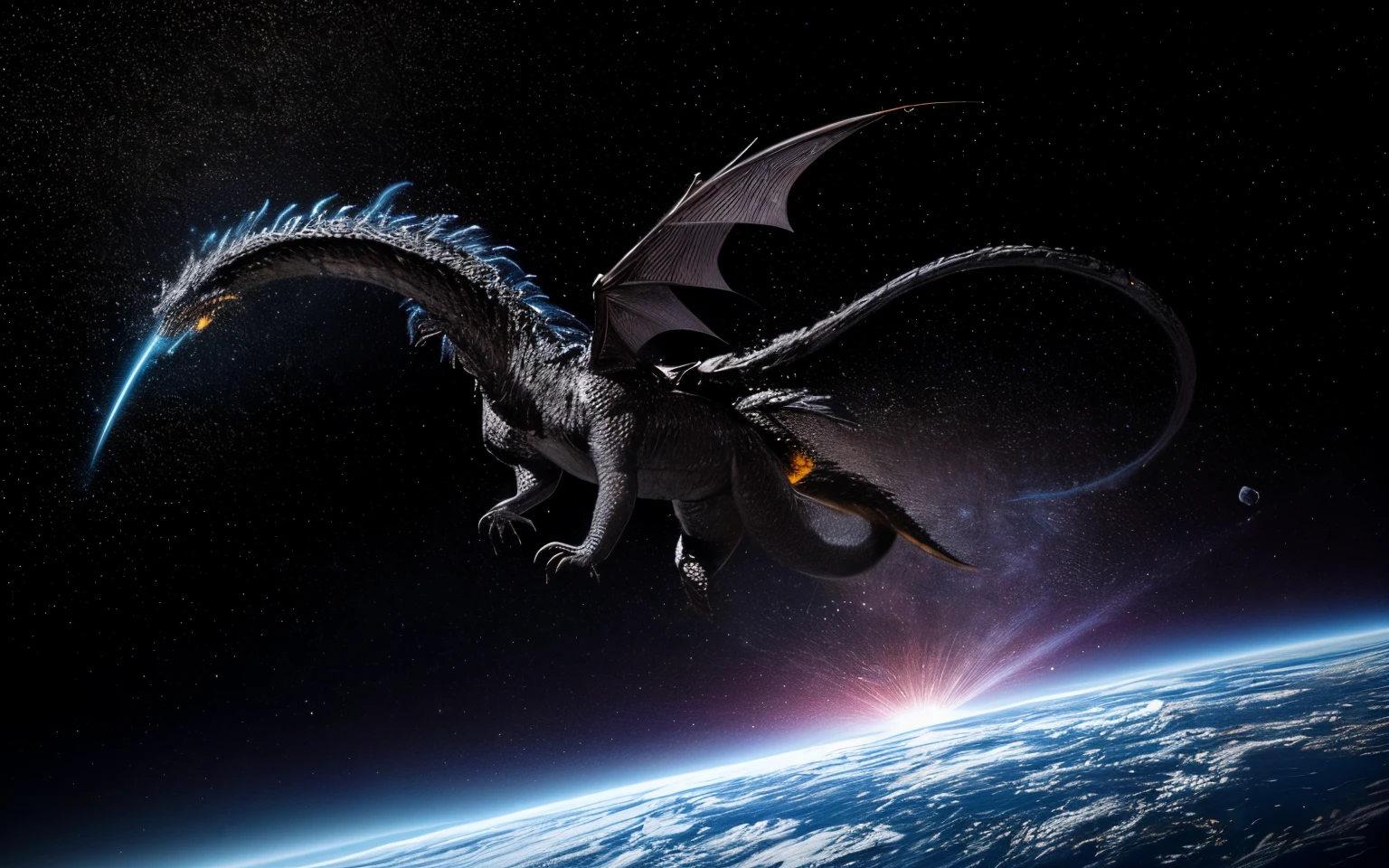 A distant photograph of a giant black dragon monster flying over a curved, sun-colored sphere.。A snake on a map with coordinate lines, Space fungus simulation, Microscope image, Micrograph, Sculpture, A scientific depiction, Microscope View, Alien Deposition Schematic, 空からmeteoriteが落ちてくる, Detailed scientific illustrations, An illustration of, An illustration, protozoa, meteorite