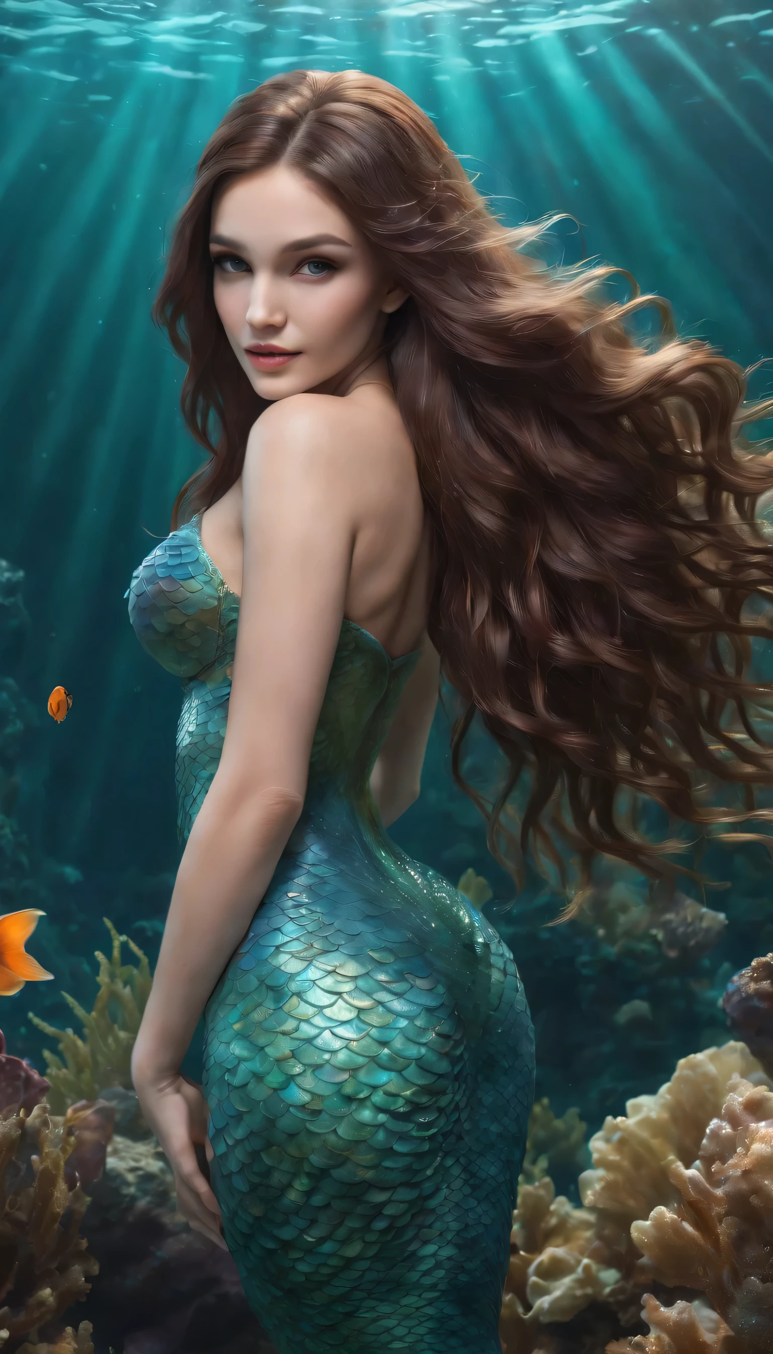 (professional photo:1.3) ((Mermaid swims all over)) (Realistic:1.3) most beautiful artwork photo in the world,(((Brown hair))), (( Brown eyes)), brunette, Caucasians, ((long mermaid tail)), (((Detailed mermaid fins))), full bodyesbian, sport, Features: Soft and shiny, ((Epic mermaid fantasy long hair in dynamic pose,Full tail, Fantastic location, Majestic cluttered environment)), full body 8k unity render, action shot, skin pore, heavyshading, Detailed, Detailed face, (vibrant, photograph realistic, Realistic, Dramatic, Dark, Sharp focus, 8K), (fish scales:1.4), ((((Mermaid tail)))), (Intricate:1.4), decadent, (Highly detailed:1.4), Digital painting, rendering by octane, art stations, concept-art, smooth, Sharp focus, illustration, Art germ, (loish:0.23), (Global illumination, Studio light, volumettic light), Underwater, Ocean, lotr, fantasy, mermaid, ((Sea backgroun:1.3)),CGSesociety,art stations, surrounded by plenty of coral fish