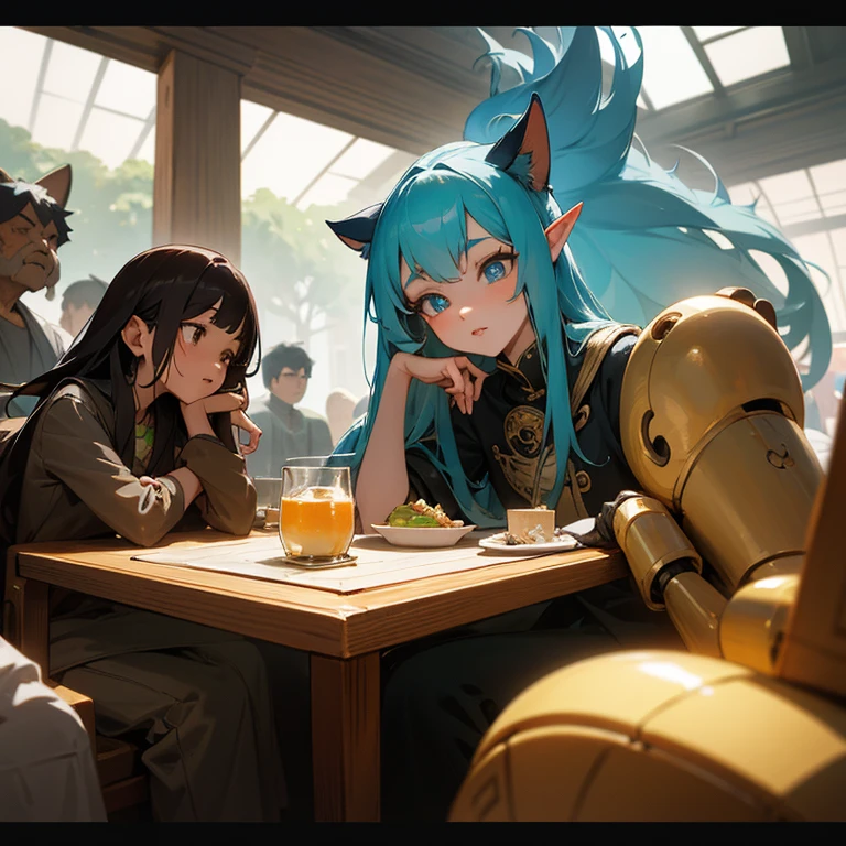 A group of anime characters, various anthropomorphic animals, including catgirls, elves, and robots, are sitting around a table，Enjoying food and drinks，The atmosphere is lively and lively。The roles have（Beautiful and delicate eyes，Beautiful and delicate lips，Extremely detailed eyes and face，Long eyelashes）。They are depicted in popular anime style，Set in an otherworldly environment with fantasy elements。The scene resembles a still from the TV anime series，Captures moments of everyday life in the world of animation。 This work of art has（high quality：1.2、4k resolution、lifelike），Featuring ultra-detailed visuals，Exhibits complex design of characters and environments。Lighting is carefully designed，Bright colors，Focus is clear，Create a studio-like atmosphere。Rich scene textures，showing traditional illustrations、oil painting、3D Rendering、The use of various materials such as photography technology。 There are all kinds of delicious food around the characters（anime themed food：1.1、Mouthwatering desserts、unique drinks），Create an active atmosphere。The food is intricately detailed，Demonstrates the artist&#39;s attention to detail in creating appetizing and visually appealing dishes。The scene is reminiscent of a festive gathering，Highlight the joy of sharing food and companionship。 The composition and framing of the artwork captures the essence of the anime genre，Emphasis is on character interaction and dynamic poses。Each character&#39;s personality comes through in their expressions、poses and clothing show，Adds depth and complexity to scenes。the background depicts an otherworldly environmen elements are inspired by fantasy and adventure。 （concept art：1.1、landscape、portrait）The use of technology adds depth and dimension to the overall artwork。 