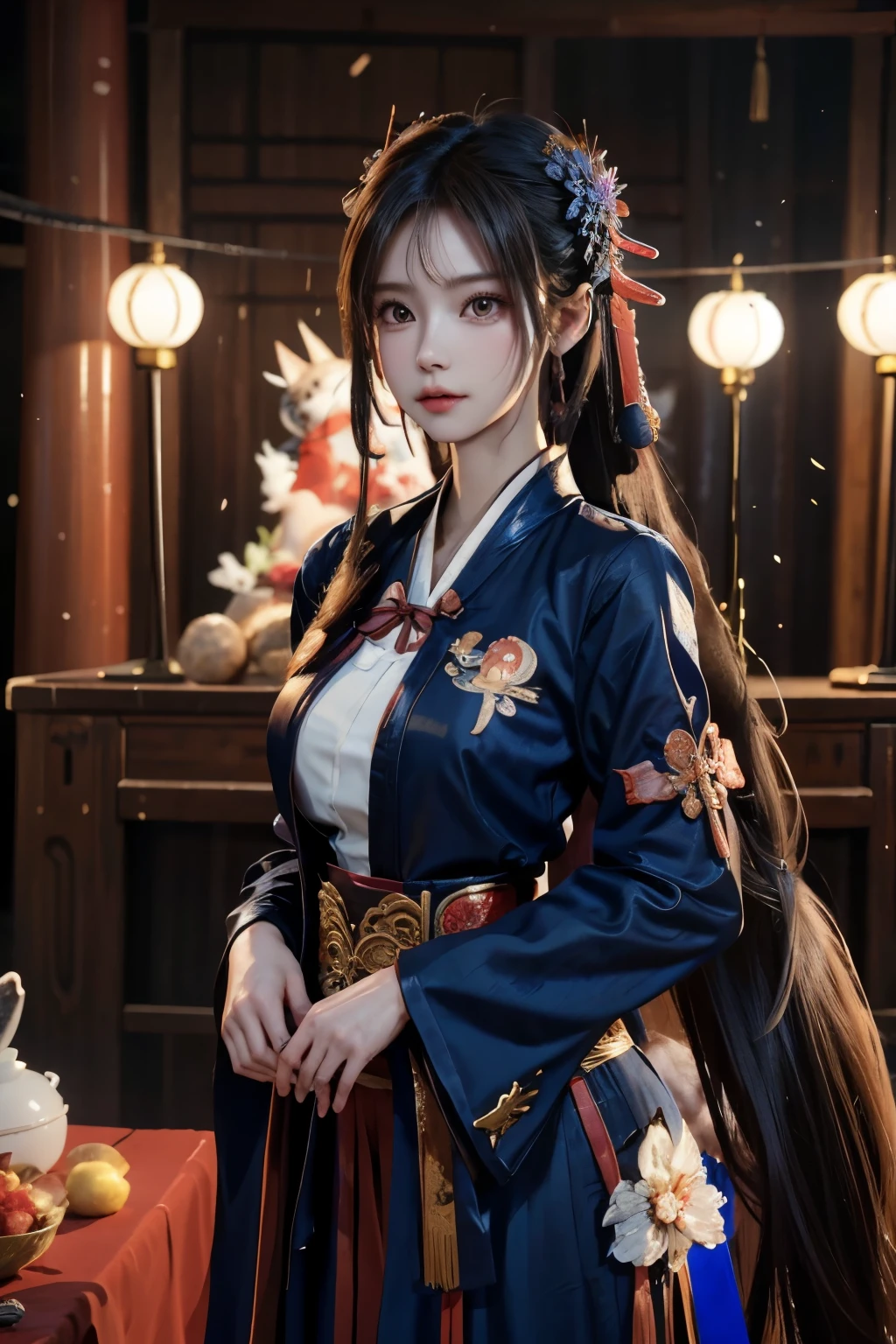 hyper-realistic，panoramic，Cowboy shooting，1 Oriental 20-year-old girl，Costume Onmyoji，Thousand-year-old nine-tailed fox，at the altar