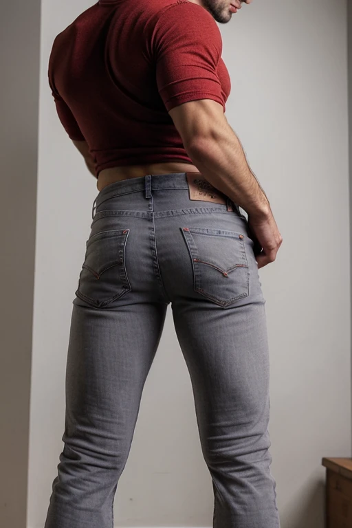 muscular man, stubble, scruffy, broad shoulders, face detailed, wearing red commandforce, full body, muscular body, big butt, gray jeans backside bent over
