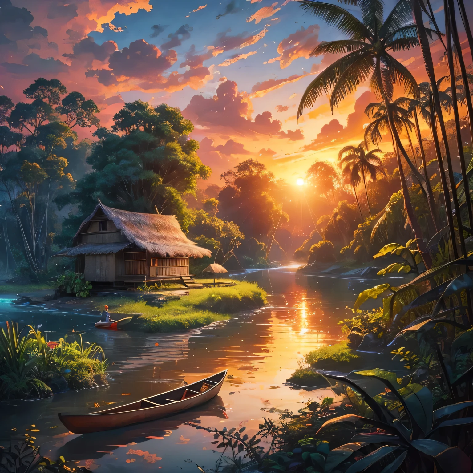 Realistic Amazonian scene: a river with a fisherman in a canoe, flourishing vegetation, animals, and birds near a simple wooden house, with a reddish sunset