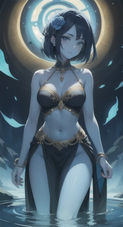 masterpiece, best quality, solo, mythical woman, flower hair, blue eyes, blue hair, undine , blue skin, leaf,