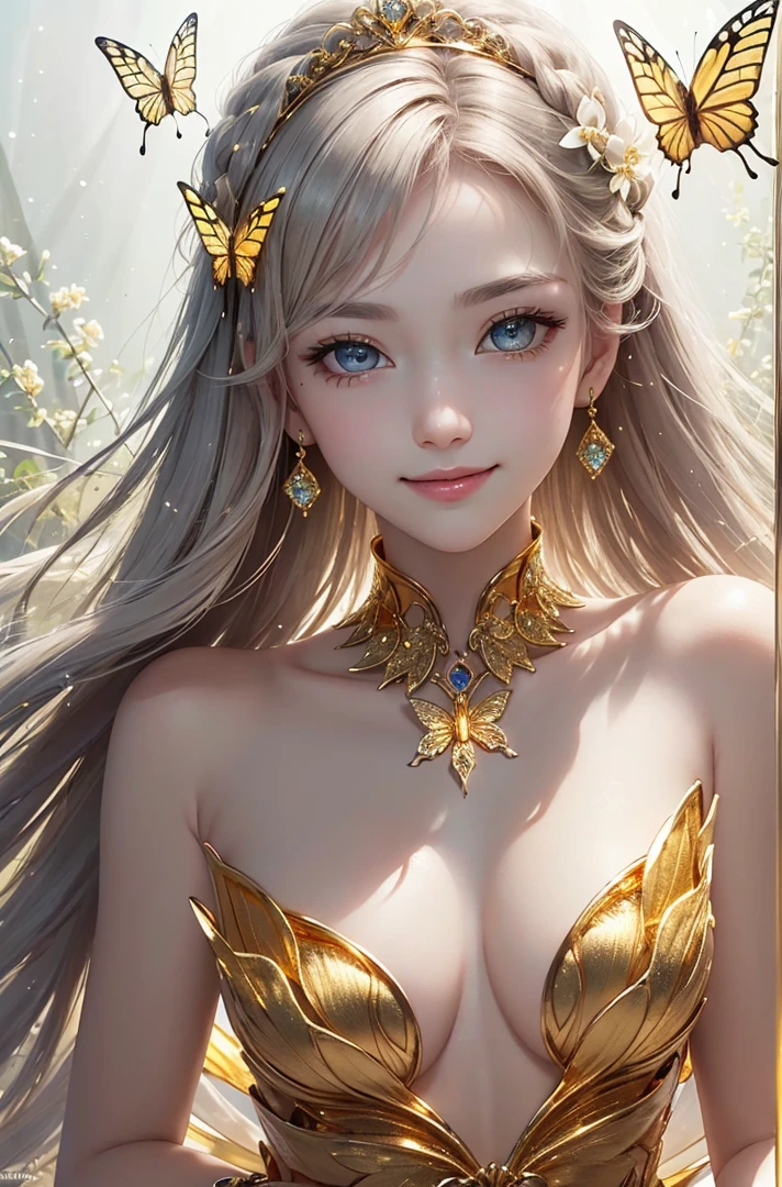 (masterpiece、highest quality、highest quality、Beautiful and beautiful:1.2)、(Good anatomy:1.5)、Focus on the eyeilky white hair girl、Gold butterfly costume、Wear ultra-delicate silk、Jewelry Tiara、Gold butterfly wings、Adorable smile、My eyes on you、Diffuse reflection of light、Gold flower、Silver Flower、Pearl Light、Earth Tree、Earth leaves、Flower of the Earth、Buzz、Fractal Art