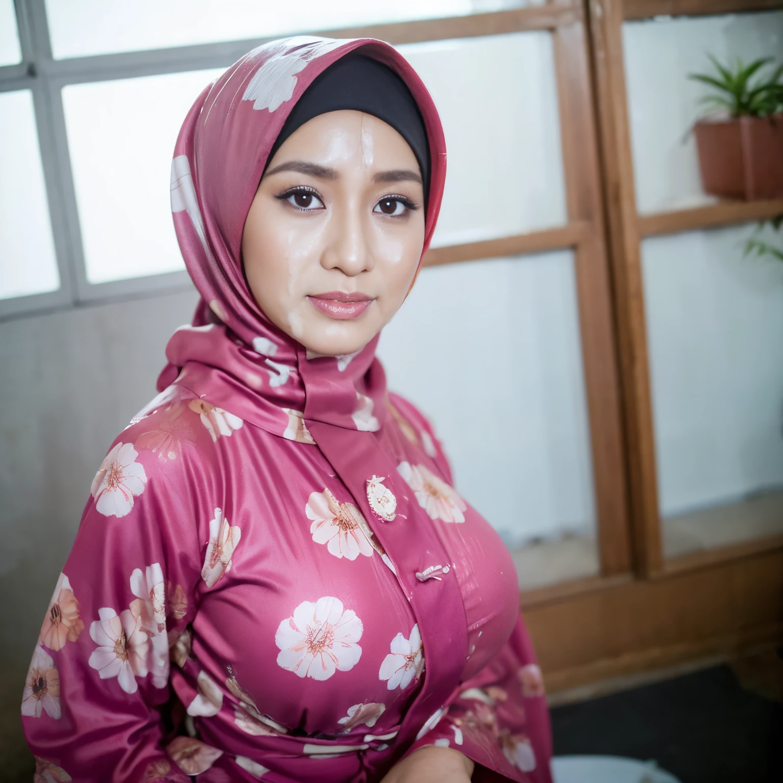 42 years Old, Professional Geisha, ((Hijab Indonesian MILF)), Sugar Mama, , Tight Yukata, Chubby body, Squeezing , at Office, Bright light, at Daytime, (a lot of sperm Liquid cover her whole face).