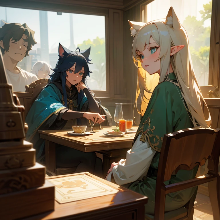 A group of anime characters, various anthropomorphic animals, including catgirls, elves, and robots, sit around a table，Enjoying food and drinks，The atmosphere is lively and lively。The roles have（Beautiful and delicate eyes，Beautiful and delicate lips，Extremely detailed eyes and face，Long eyelashes）。They are depicted in popular anime style，Set in an otherworldly environment with fantasy elements。The scene resembles a still from the TV anime series，Captures moments of everyday life in the world of animation。 This work of art has（high quality：1.2、4k resolution、lifelike），Featuring ultra-detailed visuals，Exhibits complex design of characters and environments。Lighting is carefully designed，Bright colors，Focus is clear，Create a studio-like atmosphere。Rich scene textures，showing traditional illustrations、oil painting、3D Rendering、The use of various materials such as photography technology。 There are all kinds of delicious food around the characters（anime themed food：1.1、Mouthwatering desserts、unique drinks），Create an active atmosphere。The food is intricately detailed，Demonstrates the artist&#39;s attention to detail in creating appetizing and visually appealing dishes。The scene is reminiscent of a festive gathering，Highlight the joy of sharing food and companionship。 The composition and framing of the artwork captures the essence of the anime genre，Emphasis is on character interaction and dynamic poses。Each character&#39;s personality comes through in their expressions、poses and clothing show，Adds depth and complexity to scenes。the background depicts an otherworldly environmen elements are inspired by fantasy and adventure。 （concept art：1.1、landscape、portrait）The use of technology adds depth and dimension to the overall artwork。 