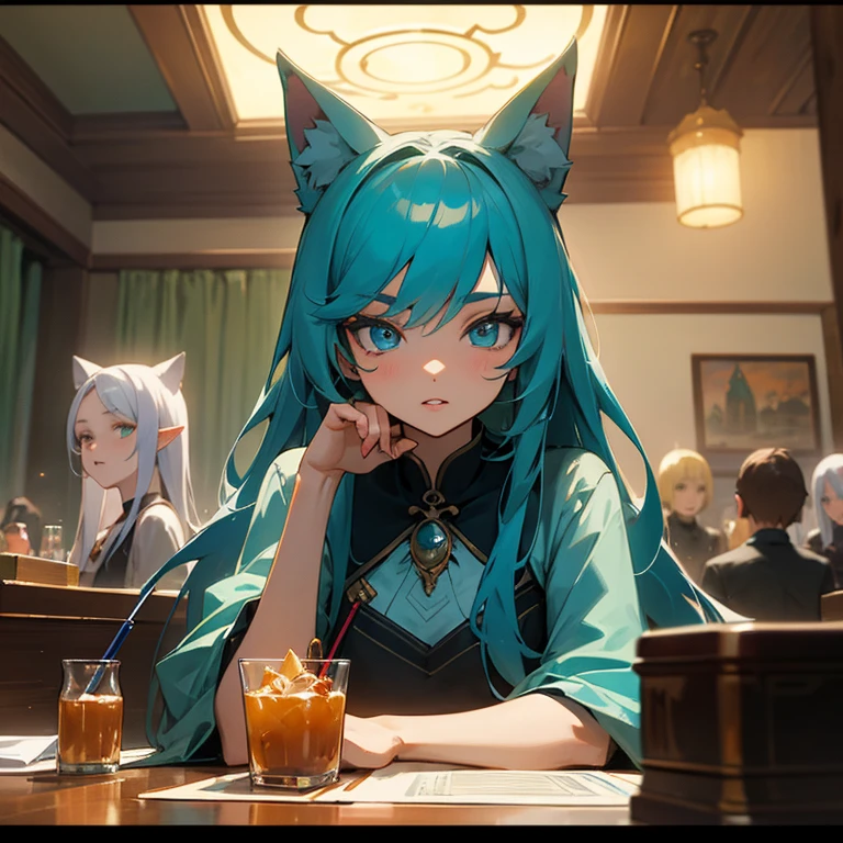 A group of anime characters, various anthropomorphic animals, including catgirls, elves, and robots, sit around a table，Enjoying food and drinks，The atmosphere is lively and lively。The roles have（Beautiful and delicate eyes，Beautiful and delicate lips，Extremely detailed eyes and face，Long eyelashes）。They are depicted in popular anime style，Set in an otherworldly environment with fantasy elements。The scene resembles a still from the TV anime series，Captures moments of everyday life in the world of animation。 This work of art has（high quality：1.2、4k resolution、lifelike），Featuring ultra-detailed visuals，Exhibits complex design of characters and environments。Lighting is carefully designed，Bright colors，Focus is clear，Create a studio-like atmosphere。Rich scene textures，showing traditional illustrations、oil painting、3D Rendering、The use of various materials such as photography technology。 There are all kinds of delicious food around the characters（anime themed food：1.1、Mouthwatering desserts、unique drinks），Create an active atmosphere。The food is intricately detailed，Demonstrates the artist&#39;s attention to detail in creating appetizing and visually appealing dishes。The scene is reminiscent of a festive gathering，Highlight the joy of sharing food and companionship。 The composition and framing of the artwork captures the essence of the anime genre，Emphasis is on character interaction and dynamic poses。Each character&#39;s personality comes through in their expressions、poses and clothing show，Adds depth and complexity to scenes。the background depicts an otherworldly environmen elements are inspired by fantasy and adventure。 （concept art：1.1、landscape、portrait）The use of technology adds depth and dimension to the overall artwork。 