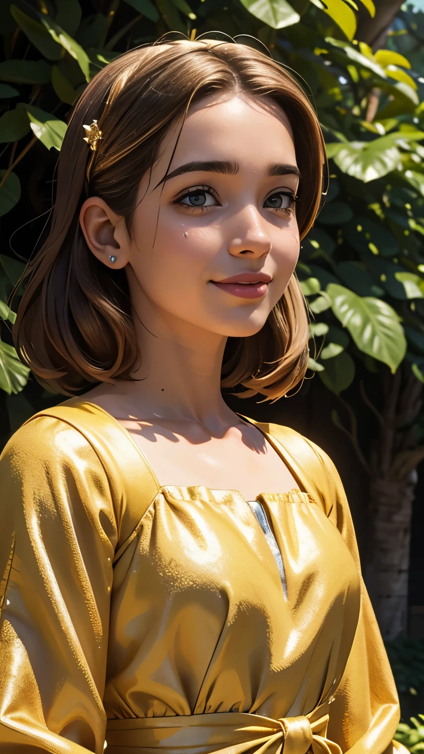 Foto hiper-realista de Willa Fitzgerald, obra de arte, melhor qualidade, (fotorrealista:1.4), (minivestido dourado com brilho dourado:1.1), salto, no lindo jardim, dia ensolarado, Cinematic Light, Mulher bonita, magrelo, seios pequenos, cabelo castanho liso, rosto detalhado, sorriso, photo taken from a distance, 20 anos, old tears