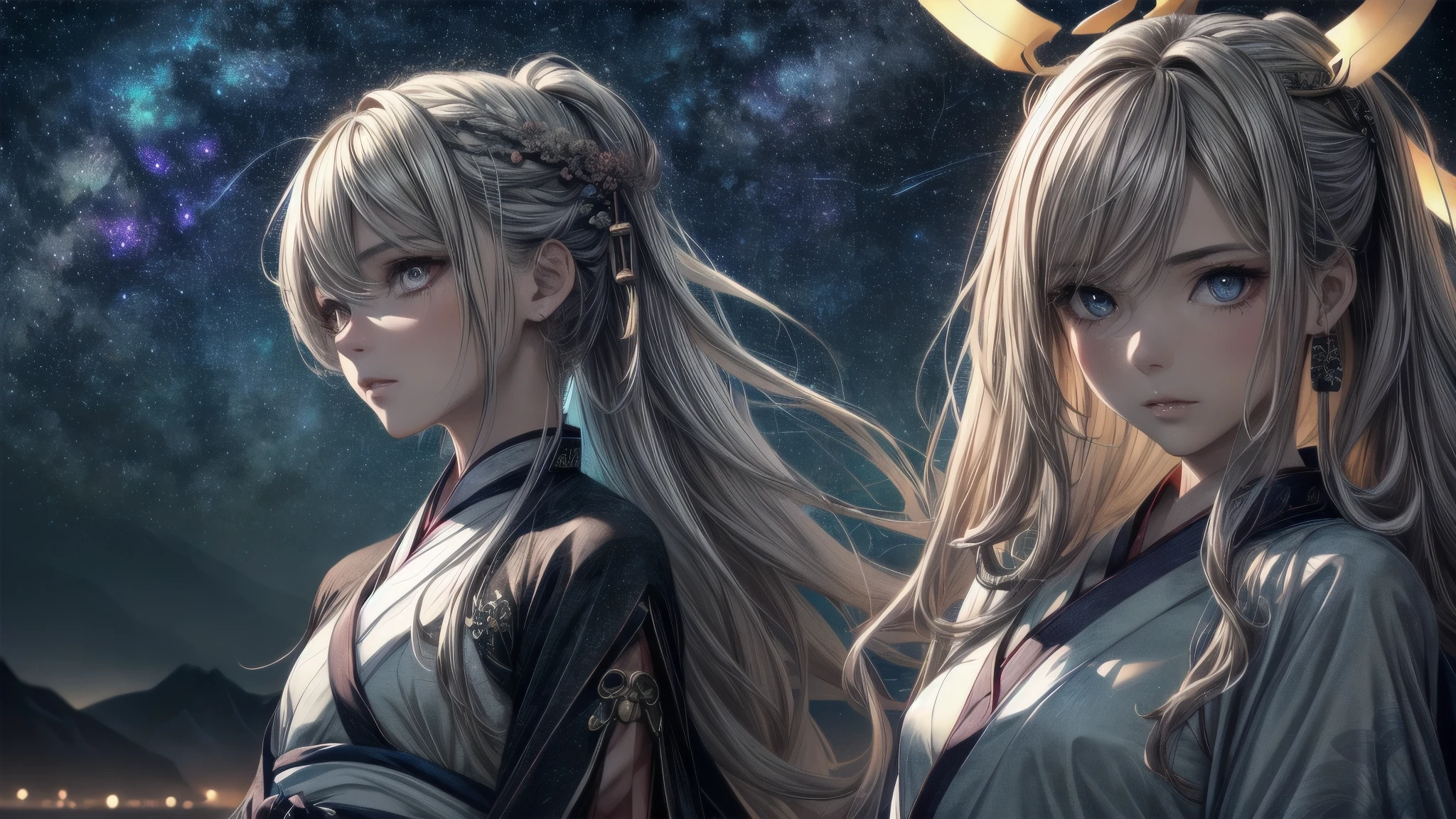 qixi, (masterpiece, best quality:1.2), 8k, 85mm, absurdres, celestial maiden, midnight, stone, rocks, (gradient color, luxurious long hanfu dress, starry sky in dress:1.7), nebula, particle, darkness, (white long hair:1.6), long sleeve, oriental hair accessories, (lonely, sad:0.8), dutch angle, cowboy shot, outdoor, , cinematic shadow, sharp focus, highres, photography, realistic, highest detailed, extreme detailed, ultra detailed, finely detail, detailed eyes and face, sharp pupils, realistic pupils