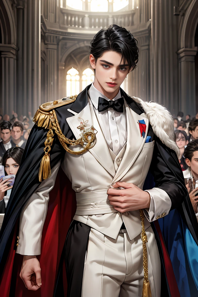 
masterpiece, 最high quality, high quality, 1 boy, alone, Male focus, Watching the audience,  Messy black hair, Adorable big blue eyes, White, Noble, Noble, Tuxedo、A very voluminous, large, very large, very large, long, long red and black cape with a high stand-up collar, made of a lot of fabric that reaches down to the floor., ,Cute beautiful boys,Cute, cute, kind, handsome guy