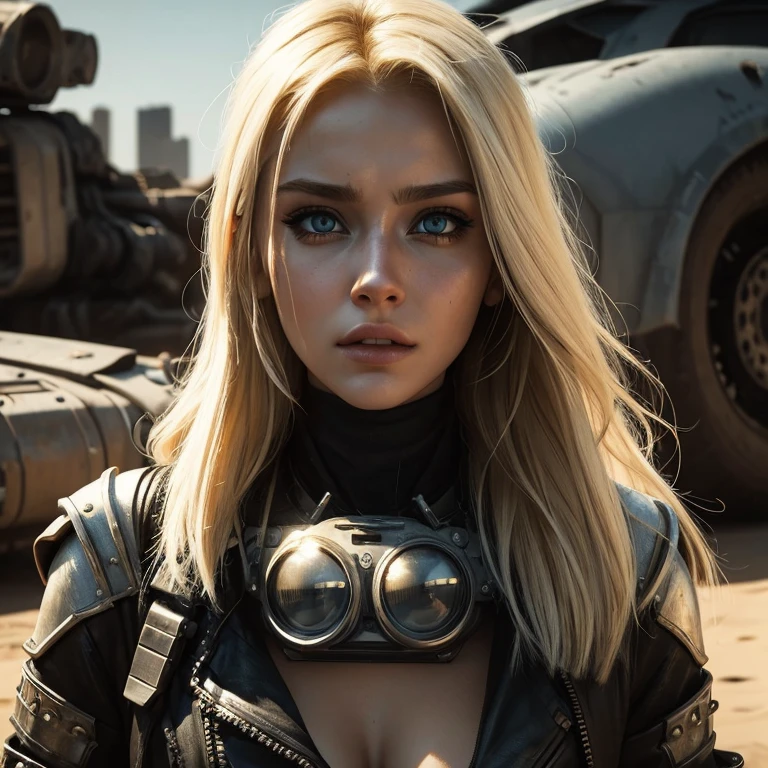 beautiful girl cybermech, blonde, post apocalypse, cinematic, style Mad Max, realism, Photo 📷, detailing