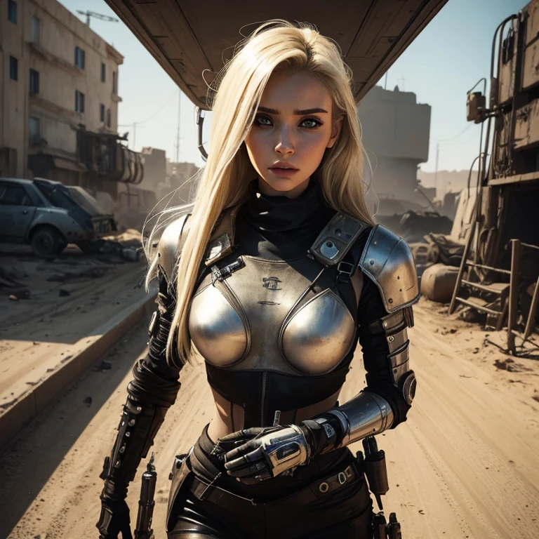 beautiful girl cybermech, blonde, post apocalypse, cinematic, style Mad Max, realism, Photo 📷, detailing
