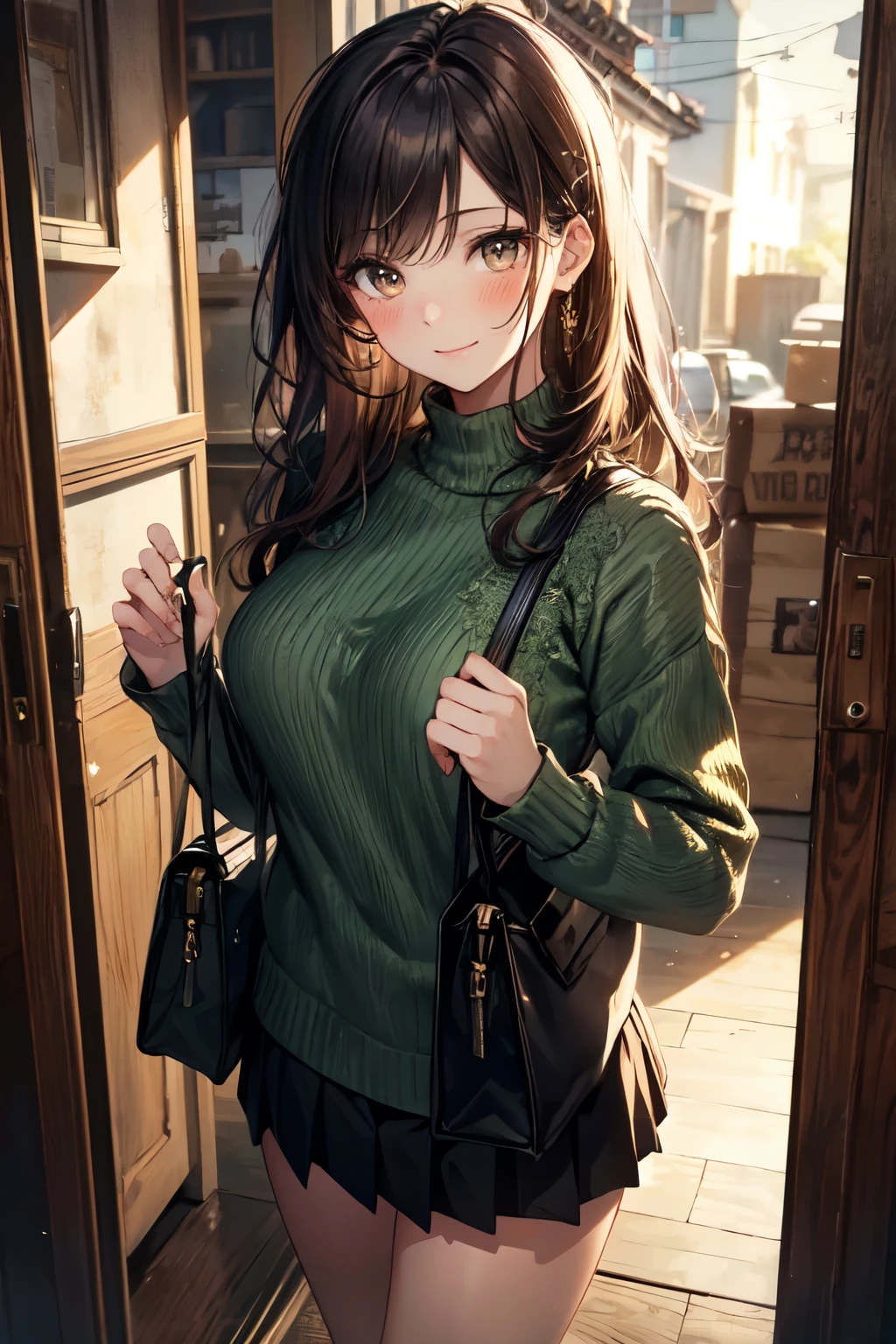 very cute and beautiful girl,(highly detailed beautiful face and eyes),
(seductive smile),blush,looking at viewer,
(green sweater:1.13),cowboy shot,pleated black mini skirt,
standing in house door,town view,holding tote bag,black hair,
(best quality,masterpiece),absurdres,highres,ultra-detailed,extremely detailed,32k,8k resolution,
intricate details,cinematic scene,detailed background,solo,dynamic angle,aesthetic darkbrown eyes,(realistic),perfect hands,
