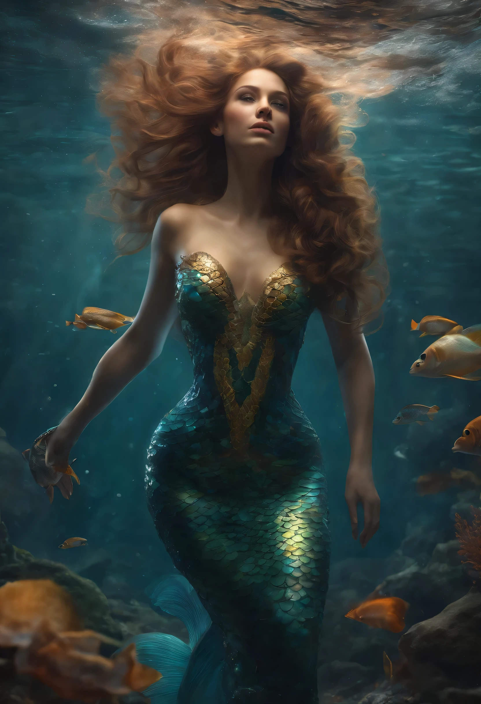 (professional photo:1.3) Fujifilm X-T3, 35mm lens ((Mermaid swims all over)) (Realistic:1.3) most beautiful artwork photo in the world,(((Blond hair))), (( Brown eyes)), brunette, Caucasians, ((long mermaid tail)), (((Detailed mermaid fins))), full body, sport, Features: Soft and shiny, ((Epic mermaid fantasy very long hair in dynamic pose, flying hair, Full tail, Fantastic location, Majestic cluttered environment)), full body, topless, 8k unity render, action shot, skin pore, heavyshading, Detailed, Detailed face, (vibrant, photograph realistic, Realistic, Dramatic, Dark, Sharp focus, 8K), (fish scales:1.4), ((((Mermaid tail)))), (Intricate:1.4), decadent, (Highly detailed:1.4), Digital painting, rendering by octane, art stations, concept-art, smooth, Sharp focus, illustration, Art germ, (loish:0.23), (Global illumination, Studio light, volumettic light), Underwater, Ocean, lotr, fantasy, mermaid, ((Sea background:1.3)),CGSesociety,art stations, surrounded by colorful robot fishes, swiming fish robots