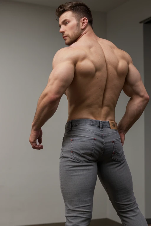 muscular man, stubble, scruffy, broad shoulders, face detailed,  wearing red commandforce, full body, muscular body, big butt, gray jeans backside bent over manly