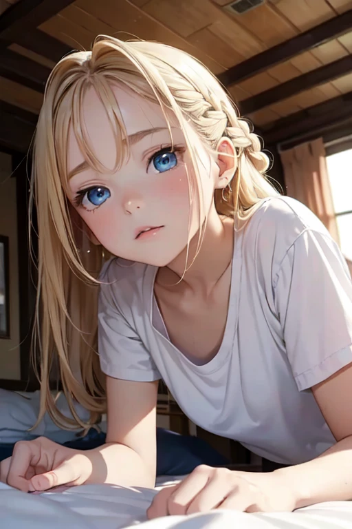 masterpiece, highest quality, High resolution, One 14-year-old girl、blue eyes、
blonde, Braiding, White shirt, White panties、room、bed、Lying down and looking up at the ceiling