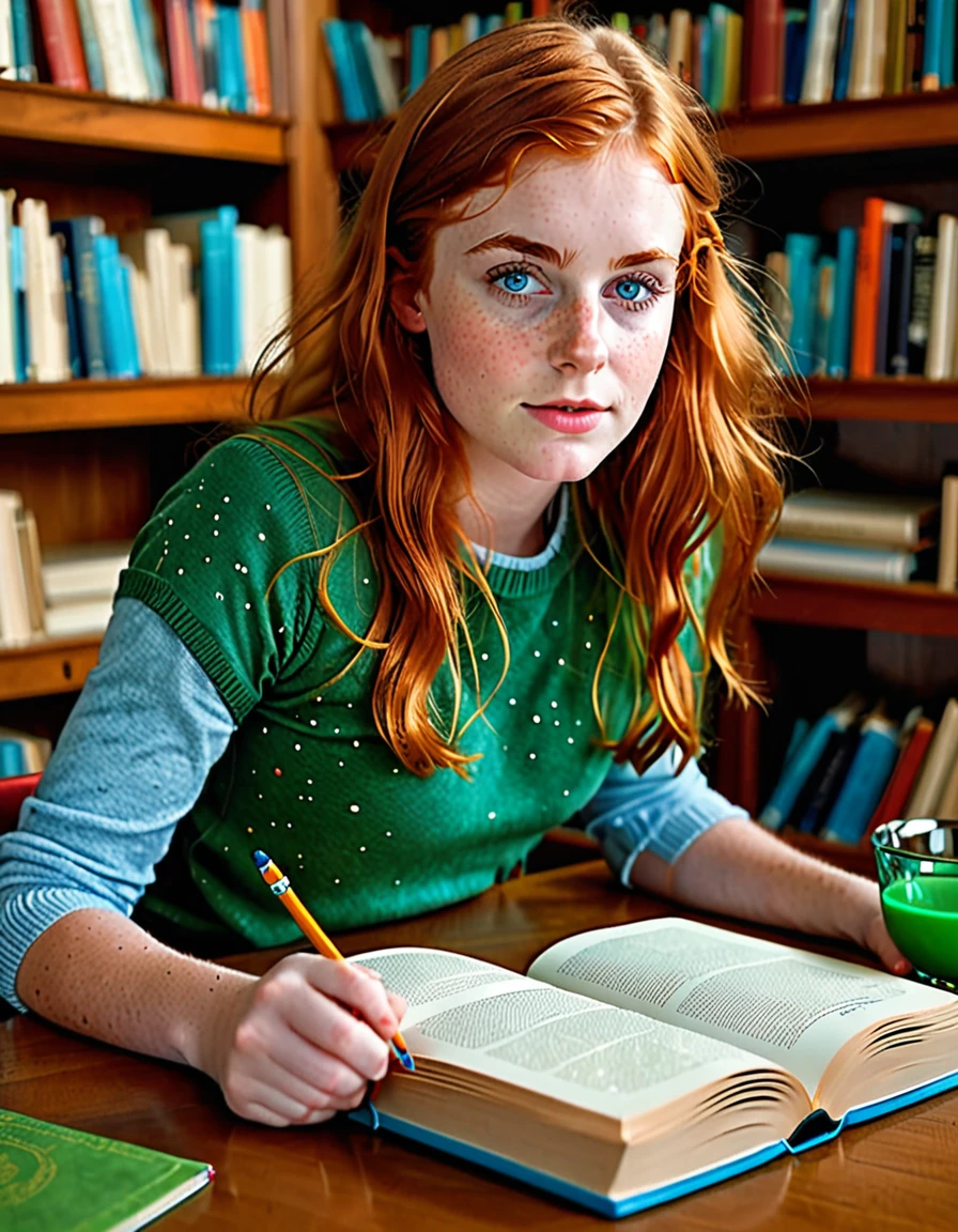 a beautiful and cozy library reading room white, also a 20-year-old college girl [Elizabeth II:Maude Adams:0.45] with ginger hair, beauty freckles in her gorgeous face, is reading science book and get spontaneous bright ideas, her eyes looking up right, blue eyes with green and wearing a blue top, low key