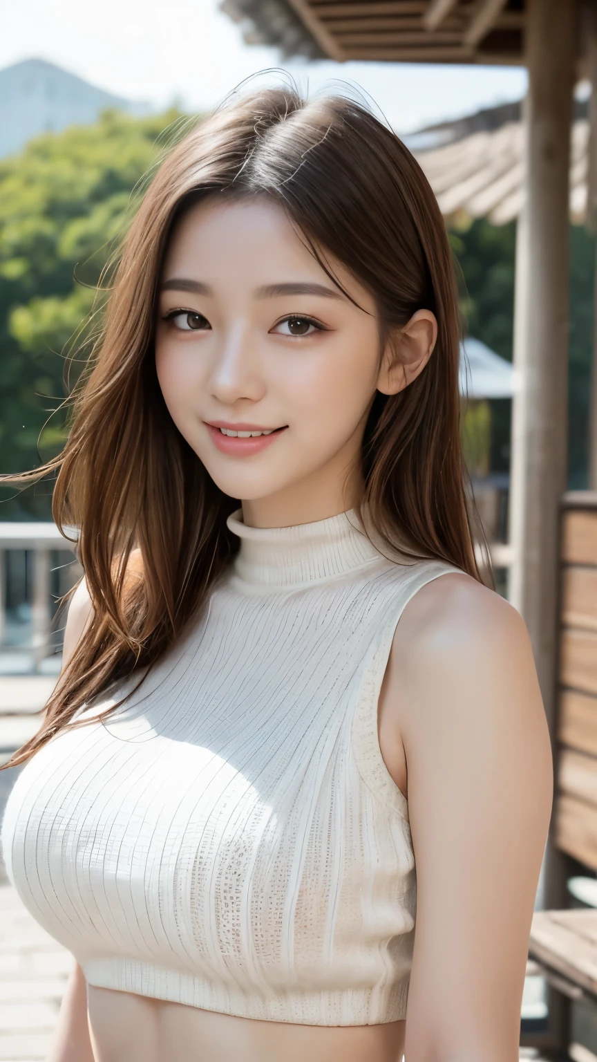 Tabletop, highest quality, Photorealistic, In detail, High resolution, 8k wallpaper, Perfect dynamic composition, Beautiful fine details, Medium Hair, Random sexy poses,Put your chest together、(Very Small Mock Neck Crop Tank Top White Knitwear)、Laughter、Open your mouth、Resort scenery、23 years old、(Droopy Eyes 1.4)、Adult Beauty、Japanese