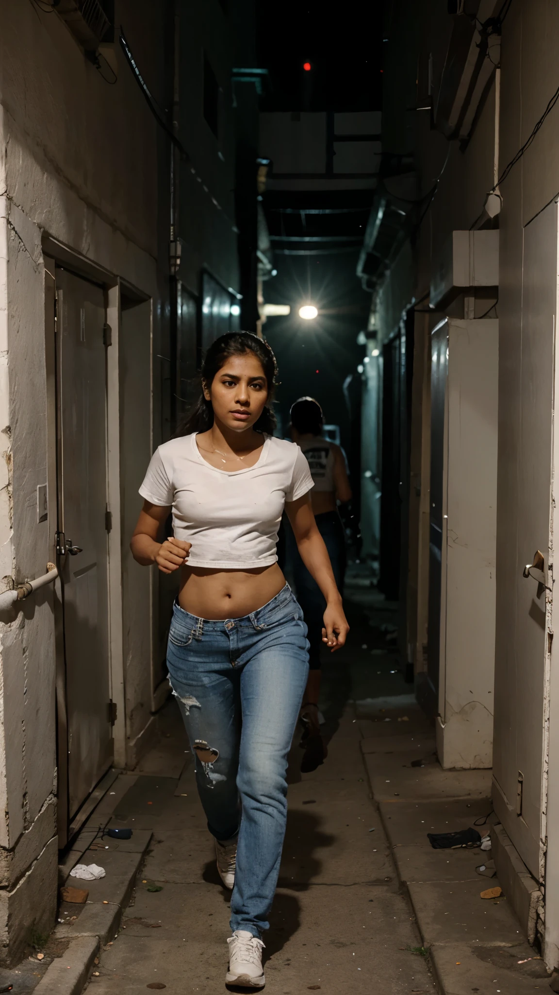 Indian acting class, accidentally entered the wrong room, white t-shirt and jeans, running down a dark alley, deserted, evading the police, 1 girl 