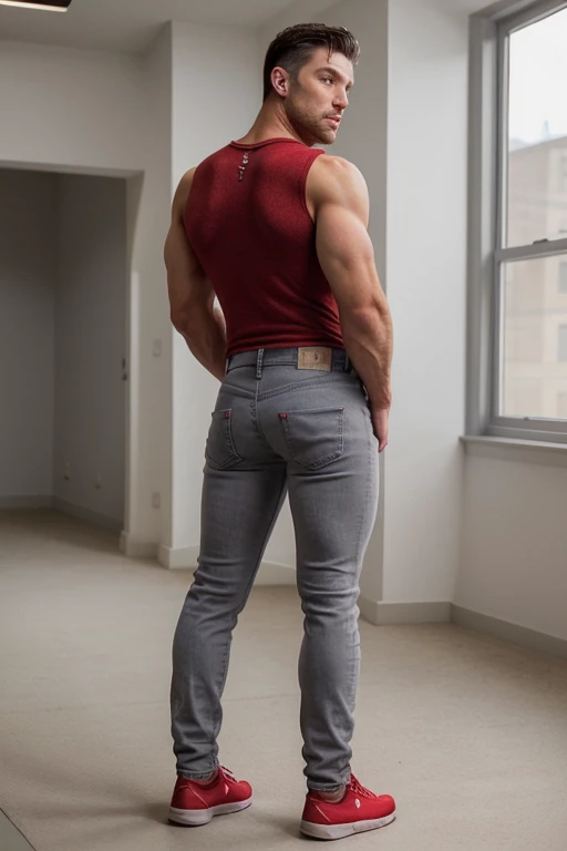 muscular man, stubble, scruffy, broad shoulders, face detailed,  wearing red commandforce, full body, muscular body, big butt, gray jeans backside 