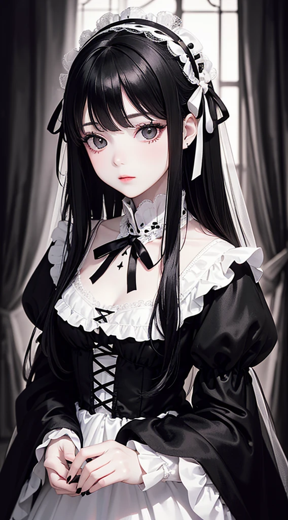 (top-quality),(masuter piece),Delicately drawn face,girl with a pretty face,beautiful detailed eyes,White Gothic Lolita Fashion,((Black and white costume)),(Beautiful silky black hair:1.2),white ribbon hair ornament,Film Lighting,in White Gothic room