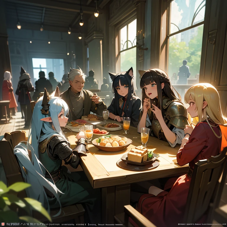 A group of anime characters, various anthropomorphic animals, including catgirls, elves, and armored ones, are sitting around a table.，Enjoying food and drinks，The atmosphere is lively and lively。The roles have（Beautiful and delicate eyes，Beautiful and delicate lips，Extremely detailed eyes and face，Long eyelashes）。They are depicted in popular anime style，Set in an otherworldly environment with fantasy elements。The scene resembles a still from the TV anime series，Captures moments of everyday life in the world of animation。 This work of art has（high quality：1.2、4k resolution、lifelike），Featuring ultra-detailed visuals，Exhibits complex design of characters and environments。Lighting is carefully designed，Bright colors，Focus is clear，Create a studio-like atmosphere。Rich scene textures，showing traditional illustrations、oil painting、3D Rendering、The use of various materials such as photography technology。 There are all kinds of delicious food around the characters（anime themed food：1.1、Mouthwatering desserts、unique drinks），Create an active atmosphere。The food is intricately detailed，Demonstrates the artist&#39;s attention to detail in creating appetizing and visually appealing dishes。The scene is reminiscent of a festive gathering，Highlight the joy of sharing food and companionship。 The composition and framing of the artwork captures the essence of the anime genre，Emphasis is on character interaction and dynamic poses。Each character&#39;s personality comes through in their expressions、poses and clothing show，Adds depth and complexity to scenes。the background depicts an otherworldly environmen elements are inspired by fantasy and adventure。 （concept art：1.1、landscape、portrait）The use of technology adds depth and dimension to the overall artwork。 