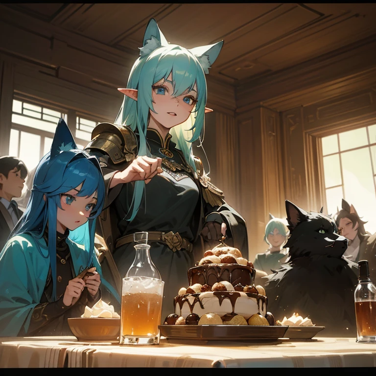 A group of anime characters, various anthropomorphic animals, including catgirls, elves, and armored ones, are sitting around a table.，Enjoying food and drinks，The atmosphere is lively and lively。The roles have（Beautiful and delicate eyes，Beautiful and delicate lips，Extremely detailed eyes and face，Long eyelashes）。They are depicted in popular anime style，Set in an otherworldly environment with fantasy elements。The scene resembles a still from the TV anime series，Captures moments of everyday life in the world of animation。 This work of art has（high quality：1.2、4k resolution、lifelike），Featuring ultra-detailed visuals，Exhibits complex design of characters and environments。Lighting is carefully designed，Bright colors，Focus is clear，Create a studio-like atmosphere。Rich scene textures，showing traditional illustrations、oil painting、3D Rendering、The use of various materials such as photography technology。 There are all kinds of delicious food around the characters（anime themed food：1.1、Mouthwatering desserts、unique drinks），Create an active atmosphere。The food is intricately detailed，Demonstrates the artist&#39;s attention to detail in creating appetizing and visually appealing dishes。The scene is reminiscent of a festive gathering，Highlight the joy of sharing food and companionship。 The composition and framing of the artwork captures the essence of the anime genre，Emphasis is on character interaction and dynamic poses。Each character&#39;s personality comes through in their expressions、poses and clothing show，Adds depth and complexity to scenes。the background depicts an otherworldly environmen elements are inspired by fantasy and adventure。 （concept art：1.1、landscape、portrait）The use of technology adds depth and dimension to the overall artwork。 