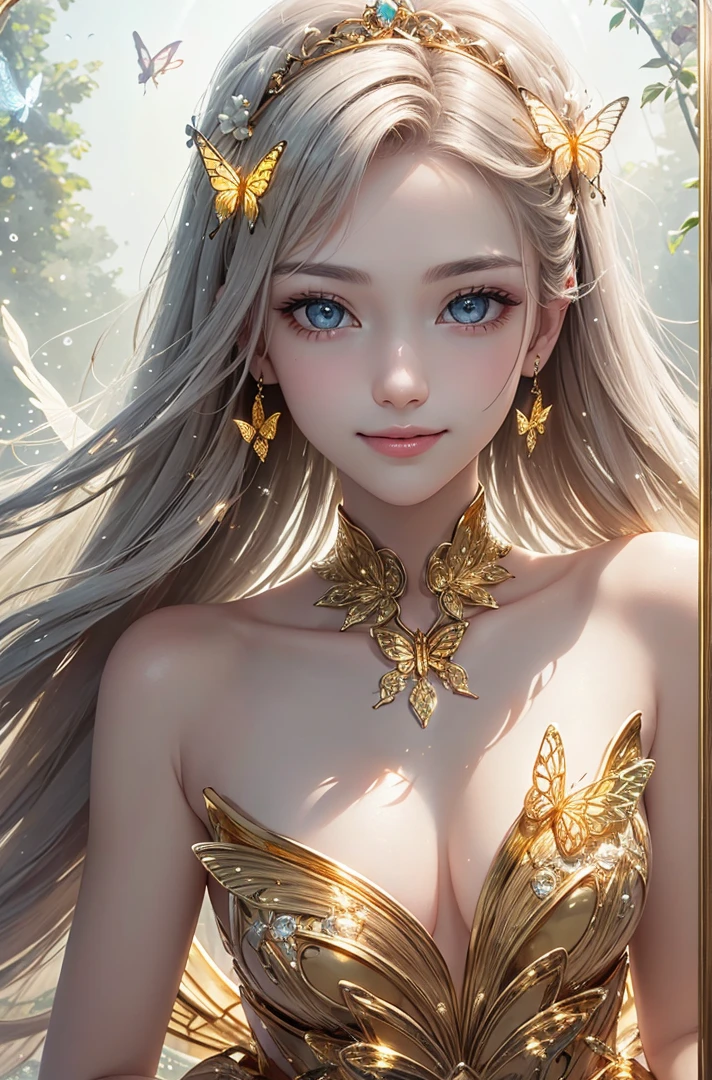 (masterpiece、highest quality、highest quality、Beautiful and beautiful:1.2)、(Good anatomy:1.5)、Focus on the face、Shining eyeilky white hair girl、Gold butterfly costume、Wear ultra-delicate silk、Jewelry Tiara、Gold butterfly wings、Adorable smile、Gazing into the distance、Diffuse reflection of light、Gold flower、Silver Flower、Pearl Light、Earth Tree、Earth leaves、Flower of the Earth、Buzz、Fractal Art