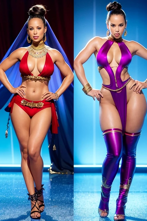 alicia keys, as a sexy genie, hot, exact face, athletic body, highly detailed face, highly detailed body, accurate face, accurate body proportions, side view, head turned to camera, "full body photo:1.2", realistic photo, highly detailed face, extremely detailed,photorealistic,