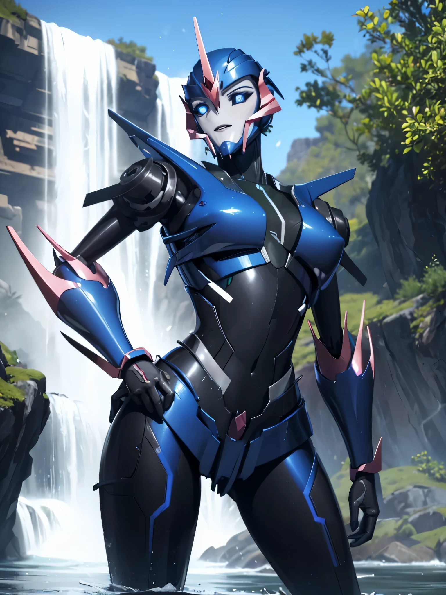 A sexy robot in a mecha suit striking a seductive pose under a cascading waterfall, with water droplets glistening on her metallic body and reflecting the vibrant colors of the surrounding environment. The artwork should have the (best quality, 4k, highres, masterpiece:1.2) to ensure every detail of the robot and the scenery is perfectly captured. The robot's metallic surface should be portrayed with (ultra-detailed, realistic: 1.37) rendering techniques to emphasize its intricate design. The overall composition should evoke a futuristic and sci-fi atmosphere, with vibrant and vivid colors creating a visually stunning contrast against the dark and mysterious background. The lighting should be expertly crafted, with the spotlight highlighting the robot's curves and enhancing the sense of depth and realism.