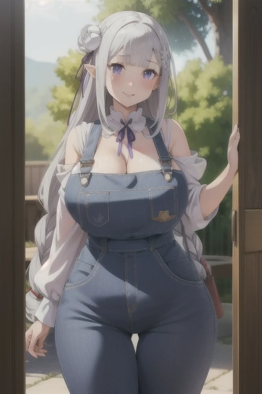 (masterpiece:1.2, best quality:1.2, beautiful, high quality, highres:1.1, aesthetic), detailed, extremely detailed, ambient soft lighting, 4K, perfect eyes, perfect face, perfect lighting, 1girl, solo, huge breasts, huge ass, huge thighs, narrow waist, wide hips, thick thighs, curvy, standing, looking at viewer, facing viewer, Emilia, Emilia from re zero, long hair, silver hair, blunt bangs, braid, hair ornament, hair flower, hair ribbon, purple ribbon blue pupils, purple eyes, ringed eyes, elf, cleavage, center opening,, naked overalls, collar, blushing,sweating, (breathing hard), (panting), anime, farm, smile,, outdoors, (masterpiece:1.2), highres, best quality, 8k, very clear,