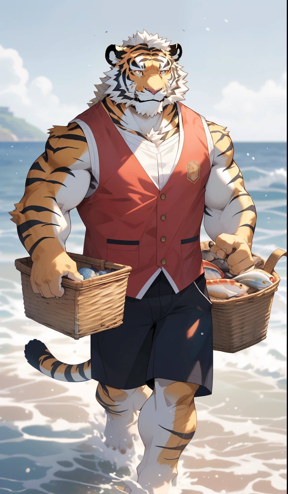 hairy，（tiger，Red vest：1.3）beard，Golden pupils，White short hair，Strong body，Golden fur，White shorts，Catch the sea by the sea，male，Carrying a basket，Seafood in the basket，full-body shot，Squinting smile，Seaside background，Real background，极其lifelike阴影，masterpiece，Very detailed，lifelike。