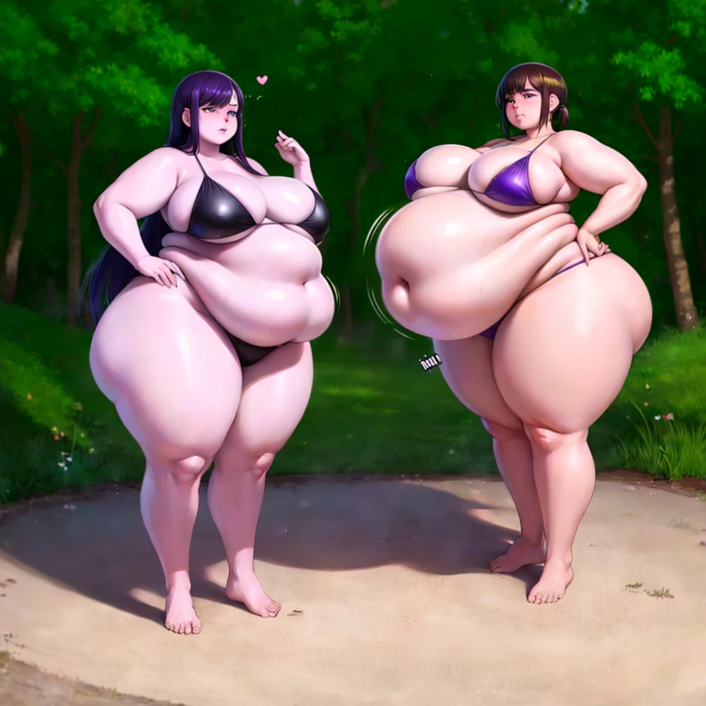 A young woman in a bikini, massive bloated overstuffed heavy protruding bulging long wide obese belly, hyper massive fat tall wide round heart shaped bubble butt, wide fat hips, massive fat round heavy breasts, deep long pronounced cleavage, so full it hurts, gurgling fat belly, sloshing belly, distended belly, churning belly, it hurts being so full but it feel so good, squishy belly, bellies squished together, squished together, shes upset her friend isnt as fat as her, shes making her obese, wide stance, struggling to stand, fat thick thighs, leaning forward letting belly hang heavily,