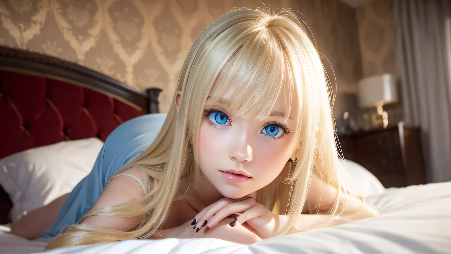 A very white and beautiful 20-year-old blonde girl、Mastepiece, Best Quality, Illustration, Ultra-detailed fine details, Natural platinum blonde with a natural shine、Super long straight silky hair、Super long Rapunzel hair、disheveled bangs above the eyes,、Bangs that cover the face、High resolution, 8K Denden Wallpaper, Perfect dynamic composition, Beautifully detailed large light blue eyes , Very big eyes、of hotel(Bed)、Small Face Beauty、Round face、On all fours