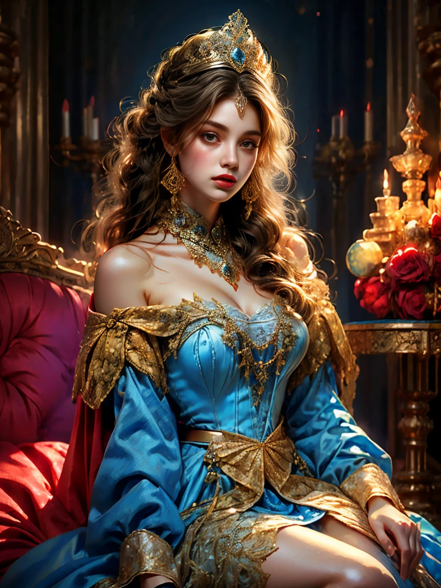(Medieval fantasy style female princess), whole body, Wearing a headscarf, luxury crown, blue eyes, blond, , (Red and silver headscarf), (Knee Shot:1.5), Sexy, blue eyes, Extra large breasts, Pointy huge breasts gorgeous jewelry, Lips slightly open, Keep your lips elegant and charming, (blush), Contempt, Calm and handsome, (Medieval fantasy dress, Beautiful big pointed breasts, Small waist, Perfect body, Blue delicate pattern, Red cape), oc rendering reflection texture, Sexy style, Medieval Castle Background, Slim body, Very small waist, (erect nipples see trough dress), high resolution, original photo, real picture, Digital Photography, (UHD, award winning), masterpiece, best quality, 8K, anatomically correct, textured skin, ccurate