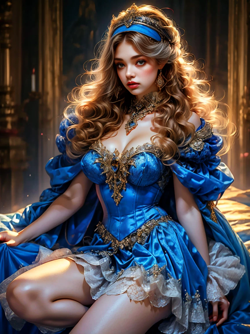 (Medieval fantasy style female princess), whole body, Wearing a headscarf, luxury crown, blue eyes, blond, ************, (Red and silver headscarf), (Knee Shot:1.5), Sexy, blue eyes, Extra large breasts, Pointy huge breasts gorgeous jewelry, Lips slightly open, Keep your lips elegant and charming, (blush), Contempt, Calm and handsome, (Medieval fantasy dress, Beautiful big pointed breasts, Small waist, Perfect body, Blue delicate pattern, Red cape), oc rendering reflection texture, Sexy style, Medieval Castle Background, Slim body, Very small waist, (erect nipples see trough dress), high resolution, original photo, real picture, Digital Photography, (UHD, award winning), masterpiece, best quality, 8K, anatomically correct, textured skin, ccurate