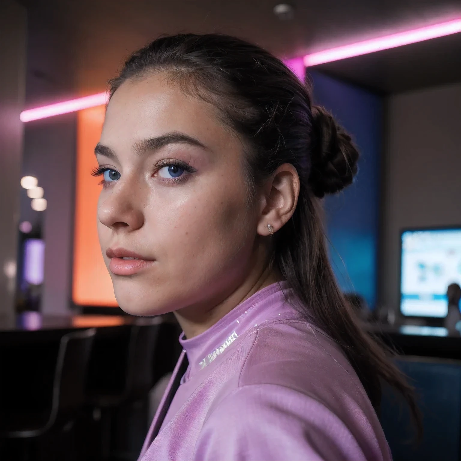 photo of a college student，16 years old, in Purple Pink, futuristic space suit, (freckles:0.8) cute face, sci-fi, dystopian, detailed eyes, cobalt blue eyes（（Side view））Disco bar