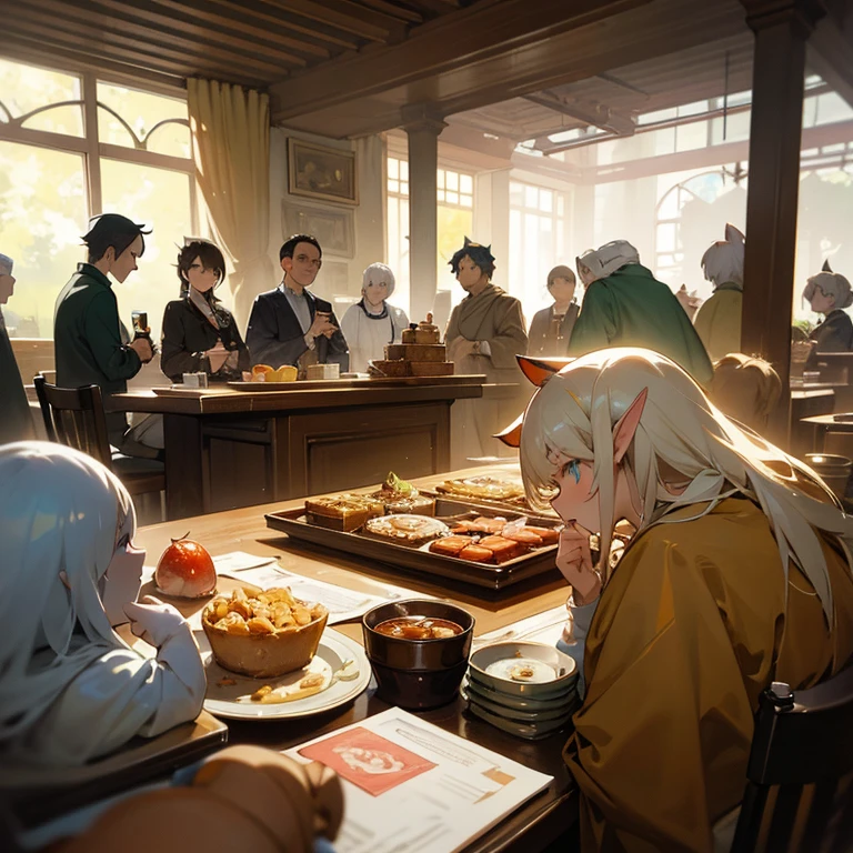 A group of anime characters, various anthropomorphic animals, including cat girls, elves, and mechas, were making trouble around the table.，Enjoying food and drinks，The atmosphere is lively and lively。The roles have（Beautiful and delicate eyes，Beautiful and delicate lips，Extremely detailed eyes and face，Long eyelashes）。They are depicted in popular anime style，Set in an otherworldly environment with fantasy elements。The scene resembles a still from the TV anime series，Captures moments of everyday life in the world of animation。 This work of art has（high quality：1.2、4k resolution、lifelike），Featuring ultra-detailed visuals，Exhibits complex design of characters and environments。Lighting is carefully designed，Bright colors，Focus is clear，Create a studio-like atmosphere。Rich scene textures，showing traditional illustrations、oil painting、3D Rendering、The use of various materials such as photography technology。 There are all kinds of delicious food around the characters（anime themed food：1.1、Mouthwatering desserts、unique drinks），Create an active atmosphere。The food is intricately detailed，Demonstrates the artist&#39;s attention to detail in creating appetizing and visually appealing dishes。The scene is reminiscent of a festive gathering，Highlight the joy of sharing food and companionship。 The composition and framing of the artwork captures the essence of the anime genre，Emphasis is on character interaction and dynamic poses。Each character&#39;s personality comes through in their expressions、poses and clothing show，Adds depth and complexity to scenes。the background depicts an otherworldly environmen elements are inspired by fantasy and adventure。 （concept art：1.1、landscape、portrait）The use of technology adds depth and dimension to the overall artwork。 