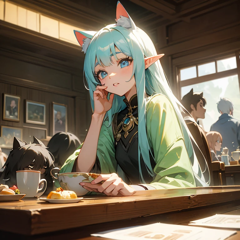 A group of anime characters, various anthropomorphic animals, including cat girls, elves, and mechas, were making trouble around the table.，Enjoying food and drinks，The atmosphere is lively and lively。The roles have（Beautiful and delicate eyes，Beautiful and delicate lips，Extremely detailed eyes and face，Long eyelashes）。They are depicted in popular anime style，Set in an otherworldly environment with fantasy elements。The scene resembles a still from the TV anime series，Captures moments of everyday life in the world of animation。 This work of art has（high quality：1.2、4k resolution、lifelike），Featuring ultra-detailed visuals，Exhibits complex design of characters and environments。Lighting is carefully designed，Bright colors，Focus is clear，Create a studio-like atmosphere。Rich scene textures，showing traditional illustrations、oil painting、3D Rendering、The use of various materials such as photography technology。 There are all kinds of delicious food around the characters（anime themed food：1.1、Mouthwatering desserts、unique drinks），Create an active atmosphere。The food is intricately detailed，Demonstrates the artist&#39;s attention to detail in creating appetizing and visually appealing dishes。The scene is reminiscent of a festive gathering，Highlight the joy of sharing food and companionship。 The composition and framing of the artwork captures the essence of the anime genre，Emphasis is on character interaction and dynamic poses。Each character&#39;s personality comes through in their expressions、poses and clothing show，Adds depth and complexity to scenes。the background depicts an otherworldly environmen elements are inspired by fantasy and adventure。 （concept art：1.1、landscape、portrait）The use of technology adds depth and dimension to the overall artwork。 