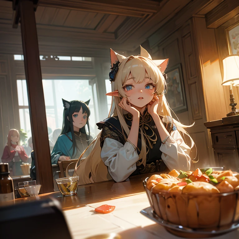 A group of anime characters, various anthropomorphic animals, including cat girls, elves, and mechas, were making trouble around the table.，Enjoying food and drinks，The atmosphere is lively and lively。The roles have（Beautiful and delicate eyes，Beautiful and delicate lips，Extremely detailed eyes and face，Long eyelashes）。They are depicted in popular anime style，Set in an otherworldly environment with fantasy elements。The scene resembles a still from the TV anime series，Captures moments of everyday life in the world of animation。 This work of art has（high quality：1.2、4k resolution、lifelike），Featuring ultra-detailed visuals，Exhibits complex design of characters and environments。Lighting is carefully designed，Bright colors，Focus is clear，Create a studio-like atmosphere。Rich scene textures，showing traditional illustrations、oil painting、3D Rendering、The use of various materials such as photography technology。 There are all kinds of delicious food around the characters（anime themed food：1.1、Mouthwatering desserts、unique drinks），Create an active atmosphere。The food is intricately detailed，Demonstrates the artist&#39;s attention to detail in creating appetizing and visually appealing dishes。The scene is reminiscent of a festive gathering，Highlight the joy of sharing food and companionship。 The composition and framing of the artwork captures the essence of the anime genre，Emphasis is on character interaction and dynamic poses。Each character&#39;s personality comes through in their expressions、poses and clothing show，Adds depth and complexity to scenes。the background depicts an otherworldly environmen elements are inspired by fantasy and adventure。 （concept art：1.1、landscape、portrait）The use of technology adds depth and dimension to the overall artwork。 