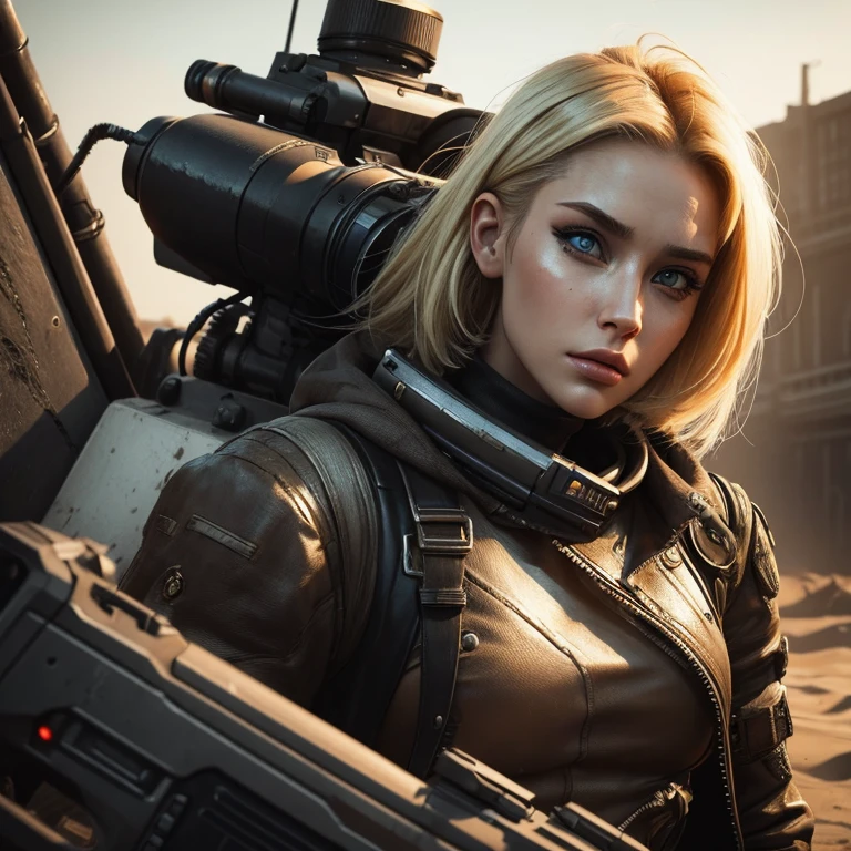 beautiful girl cybermech, blonde, post apocalypse,automatic gun, gun, cinematic, style Mad Max, realism, Photo 📷, detailing