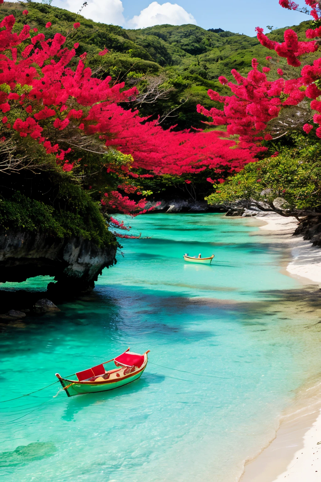 Design visuals that capture the essence of Okinawa's breathtaking landscapes, featuring the vibrant turquoise waters of its beaches and the lush greenery of its islands. Include scenes of iconic hibiscus flowers in vivid red against the backdrop of the ocean, symbolizing the island's natural beauty. Also, portray the rich cultural heritage through images of lively traditional villages at night, where locals in colorful kimonos celebrate with music and dance. These visuals should seamlessly blend the natural tranquility of Okinawa with its vibrant cultural festivals, creating a unique and inviting atmosphere for viewers.