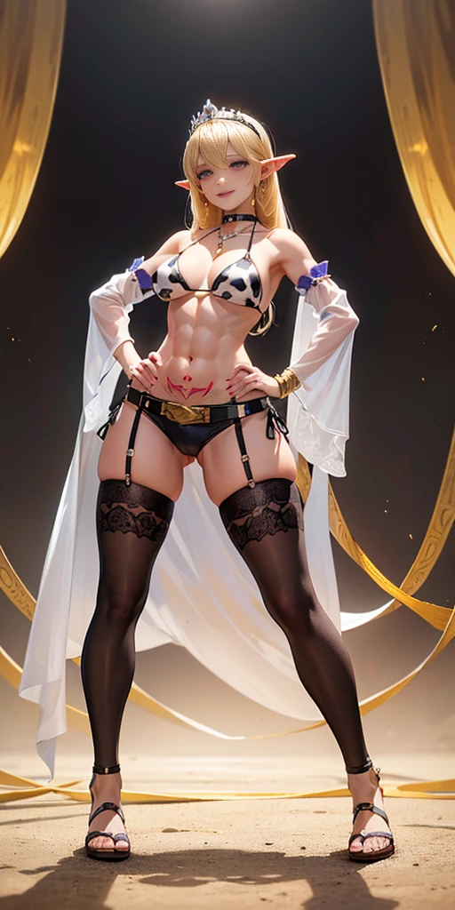 ((plain background:1.2)) ((1girl)) full body, standing, elf, mature, detailed happy face, purple eyes, blonde hair, black and white bikini (cow print bikini) (detached sleeves and stockings like ciw print) abs, big knockers, golden chain collar, stomach tattoo (red tattoo under belly button) (navel) whole body, 1solo (girl), slave fighter, loincloth standing, hands on hips, metal sandals, choker, big belt, looking to viewer, view from below, cow boy shot, far shoot, feet together, bracers, tiara