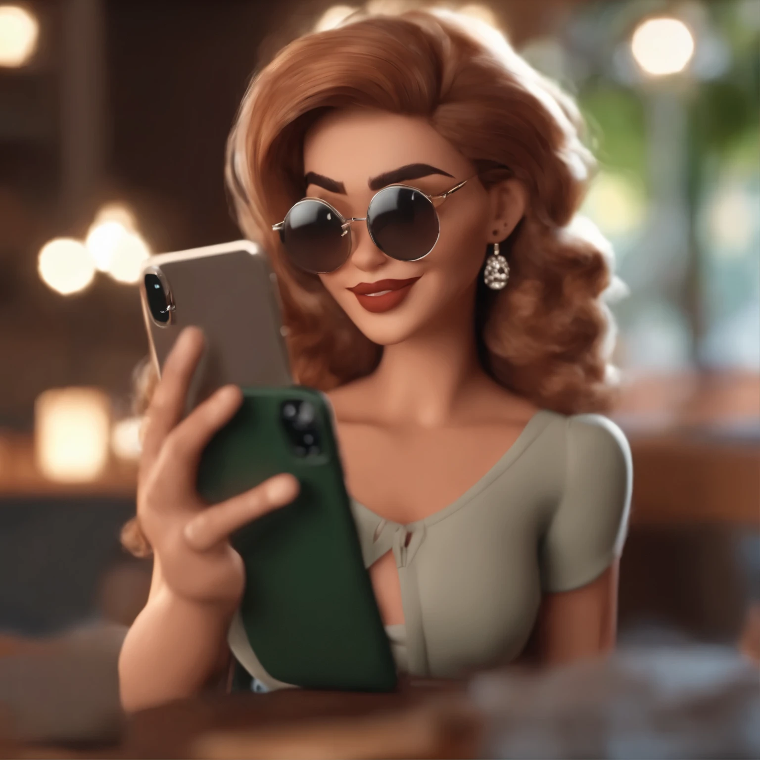 Personagem de desenho animado de uma mulher morena clara, gordinha, Tall with green and black glasses and a black shirt, cabelo cacheados longos, who likes to take selfies with iPhone 11 pouting animation character, Caractere estilizado, animation style rendering, 3D estilizado, Arnold Maya rendering, Stylized 3D rendering, toon render screenshot, Personagem 3D, Personagem 3D, Stylized 3D rendering, 3D character rendering, personagem de desenho animado, Personagem de close up, Pose de personagem, (Estilo Pixar) (parte mestre:1.2) (Bokeh) (melhor qualidade) (pele detalhada) (textura detalhada) (8k) (argila) (cinematic lighting) (sharp focus