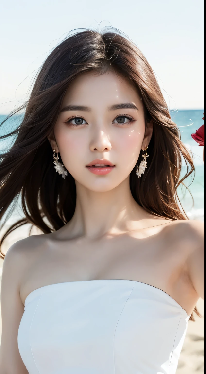 Mustem, top quality, illustration, ultra high definition, fine details, high resolution, 8k wallpaper, Complete dynamic configuration, beautiful and delicate eyes, wearing an elegant dress, Naturally colored lips, Beach, random cute pose, perfect and beautiful face , cute, sexy face, feminine face, Rich rose flower field